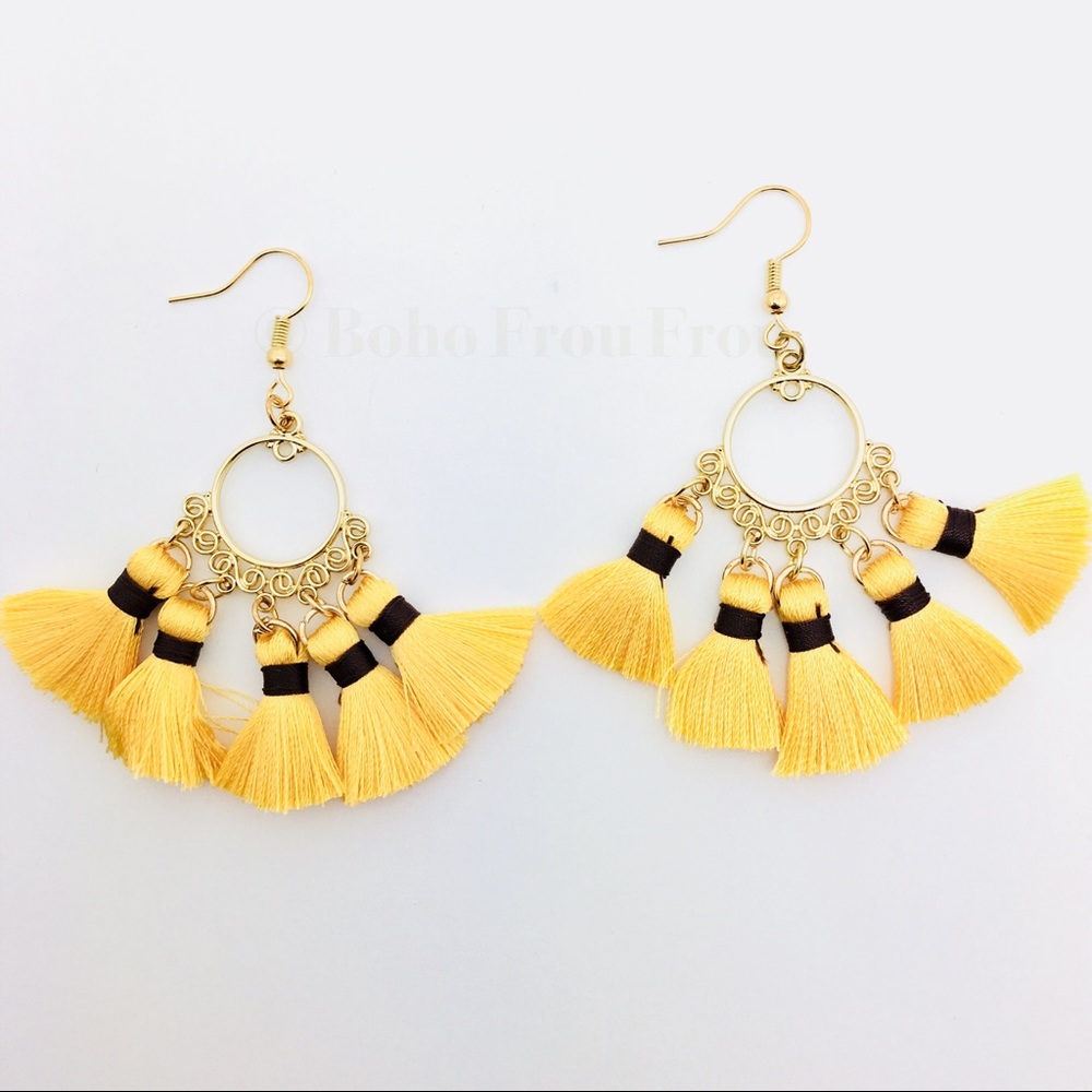 Boho Yellow & Gold Tassel French Hook Earrings